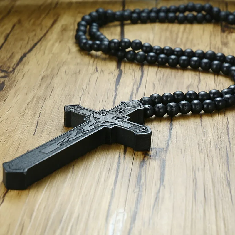 Vnox Big Wood Catholic Jesus Cross Pendant for Men Necklace Wooden