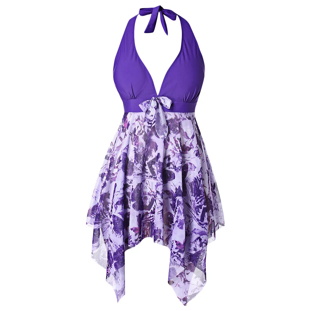 

Rosegal Plus Size Halter Printed Handkerchief Tankini Set Sexy Lady Backless Skirted Swimwear Women Padded Swimsuit Large Size