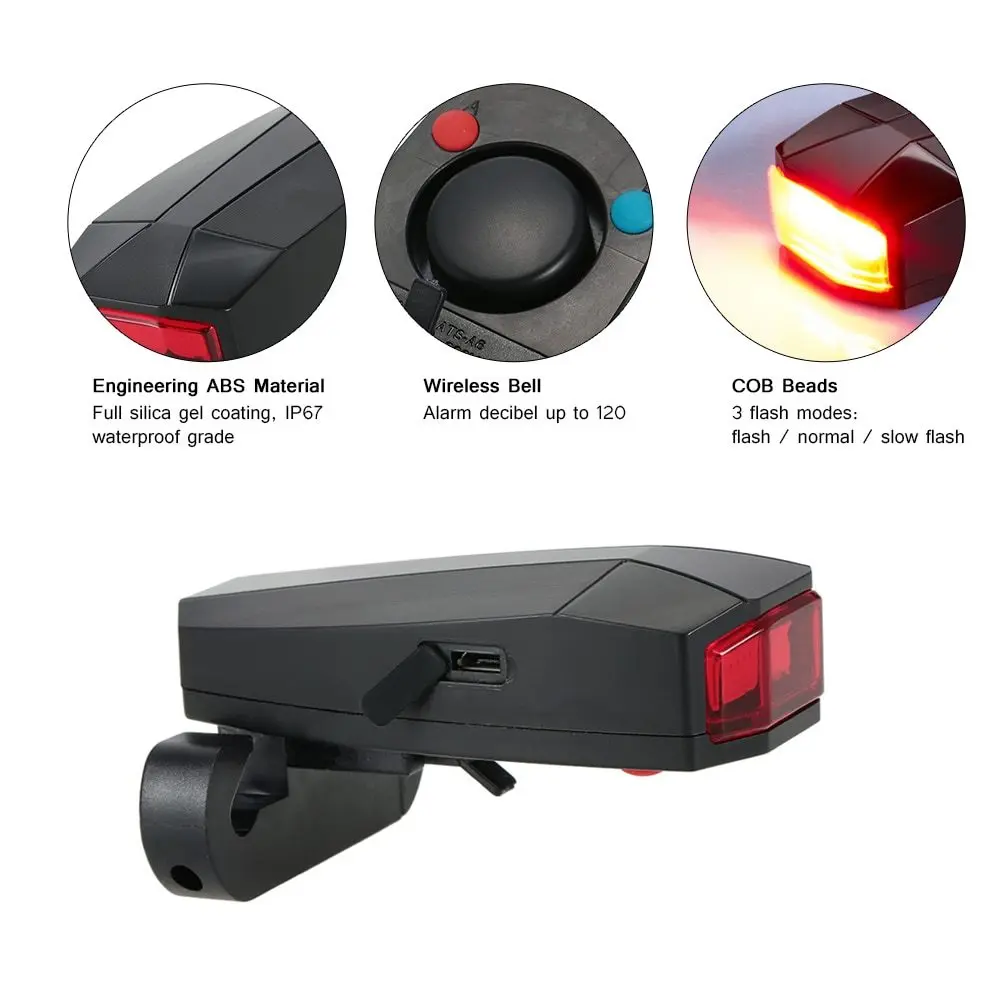 Велосипедный задний светильник+ анти-вор сигнализационный USB зарядка Беспроводной дистанционного Управление светодиодный задний фонарь поисковик для велосипеда Фонари рожок сирены Предупреждение