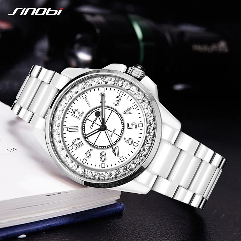 

SINOBI Fashion Crystal Casual Wirstwatch Dress Clock Female Ceramic White Watch Women Girl Gift Watches Brand Relogio Feminino
