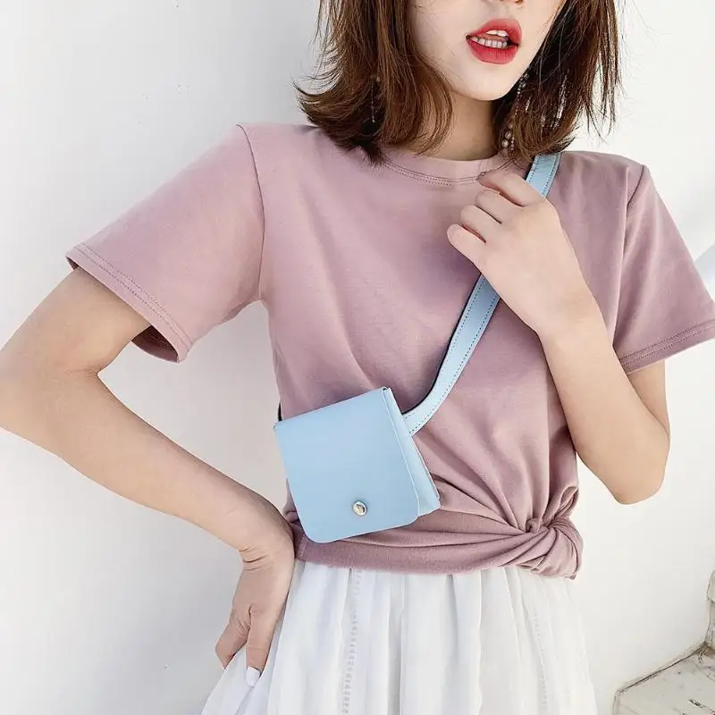 

Durable PU Leather Fanny Handbags Women Mini Simple Messenger Solid Color Fashion Waist Bags New Arrival Small Candy Purse
