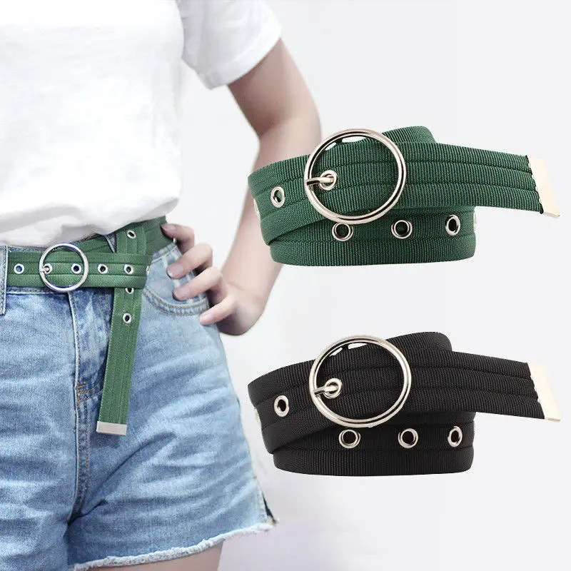 

2019 Women Pure Color Adjustable Canvas Waistband Casual Round Buckle Waist Belt