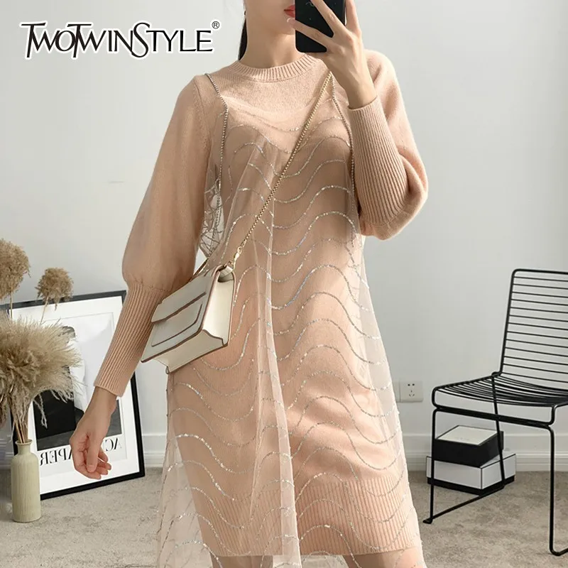 O Lanterne Manches Long Lourd Bretelles Twotwinstyle Printemps De Féminine Robe Deux 2019 Réservoir Perles À Cou Femmes Pink Pièces Costumes Tricoté Longues qXv575wt