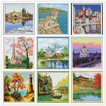 

Cross Stitch Kits Cross Stitch Patterns Water Soluble Canvas Cross Stitch Needework Scenery Dutch teacup Castle dmc Home Decor
