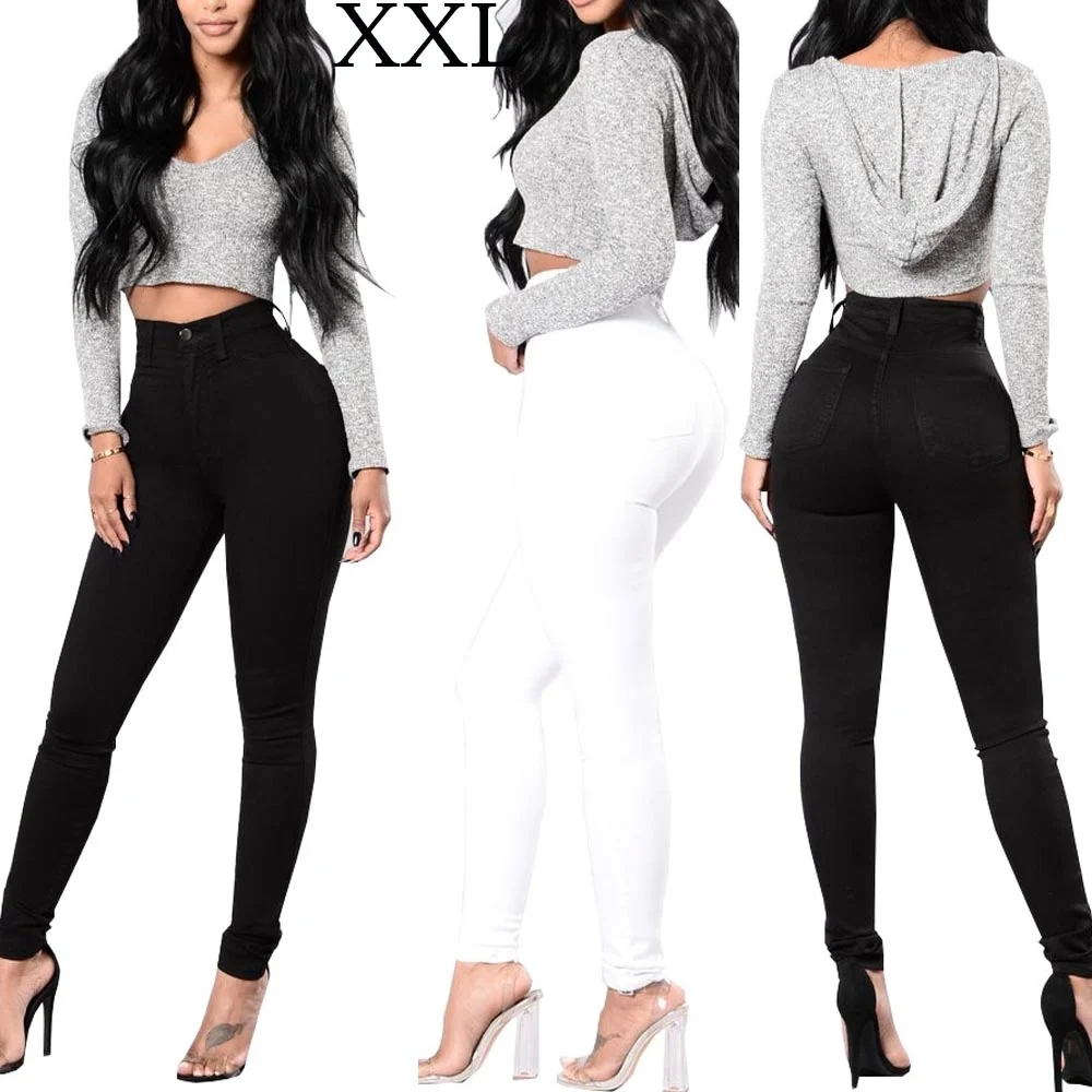 

2 Colors Women Fashion Big Elastic High Waisted Cotton Sexy Slim Hip Wash Water Wild Pencil Jeans Ripped Jeans for Women S-XXL