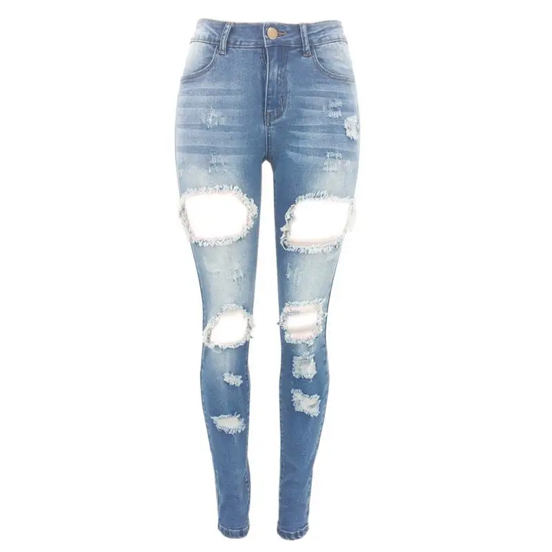 Women's Mid-rise Jeans High Elastic Hole Denim Slim Fit Fashion Wrist Pants |