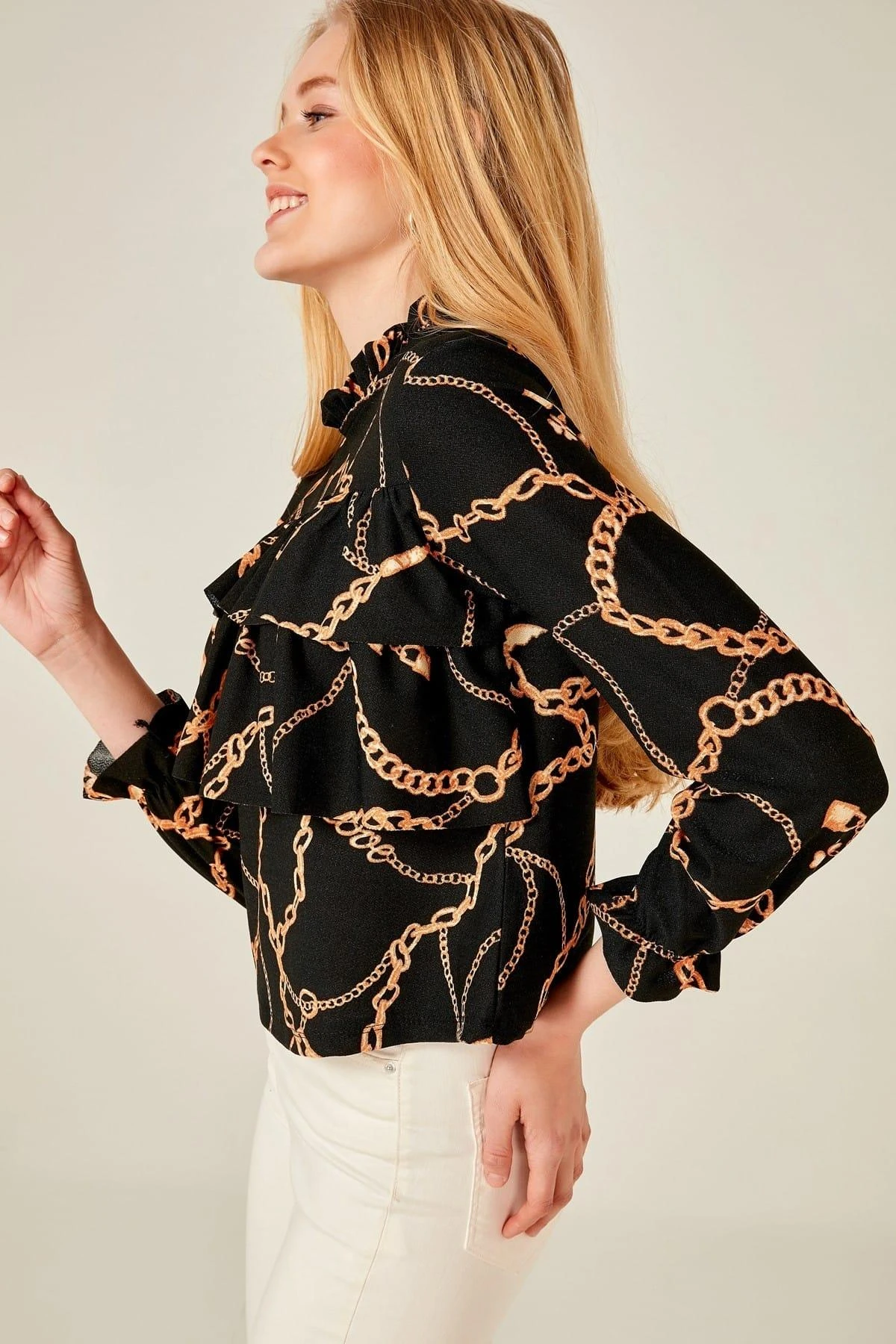 Blusa con volantes de doble piso de pecho de cadena amarilla mujer boutique Cp 19Y05|Blusas y - AliExpress