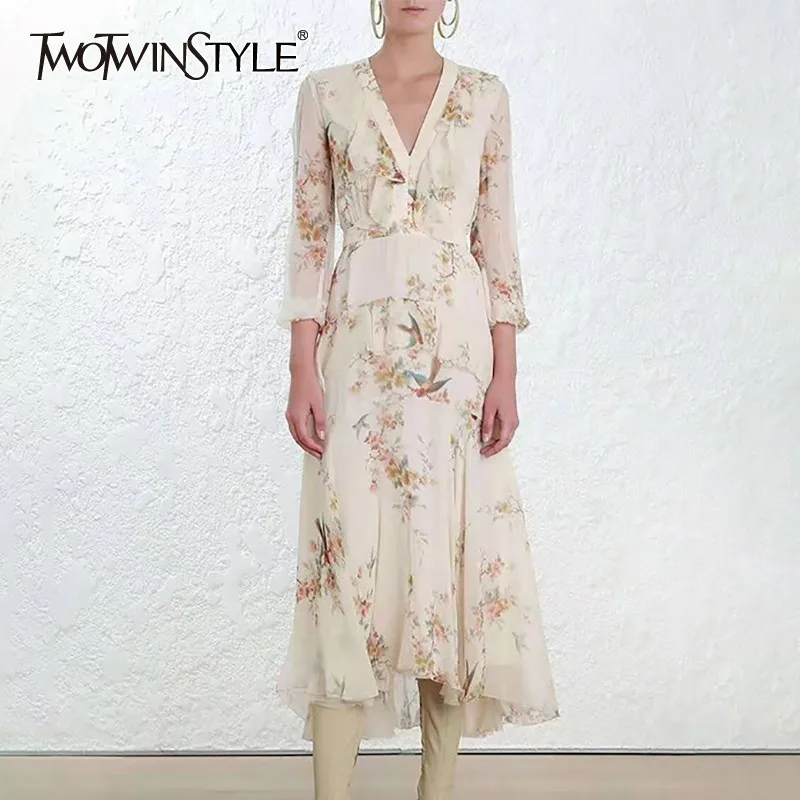 

TWOTWINSTYLE Casual Print Women Dress V Neck Wrist Sleeve High Waist Slim Asymmetrical Midi Dresses Female Fashion 2019 Spring