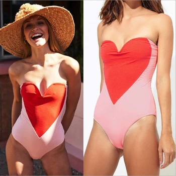 

Women Sexy Swimming Costume Padded One-Piece Suits Strapless Heart Print Retro Swimsuit Monokini Swimwear Bikini Push Up Bra