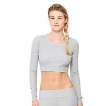 Женский короткий топ для йоги фитнес-бег спортивные футболки трикотажная Футболка Тренажерный зал сплошной цвет кроп Топы с длинным рукавом рубашки