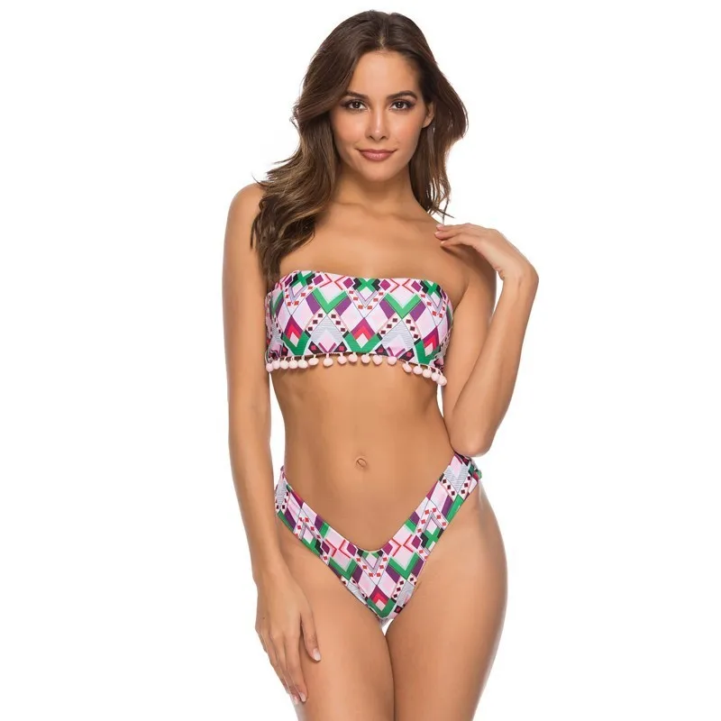 

Micro Mini Thong Bikini Set Women Bandeau Swimwear Print Plaid Swimsuit Female High Cut Bathing Suit Swimming Suits For Ladies