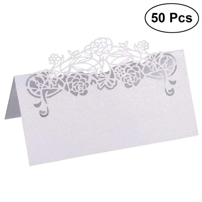 50PCS Hollow Floral Cut Name Place Card Table Decoration Small Tent Cards for Wedding Party - White