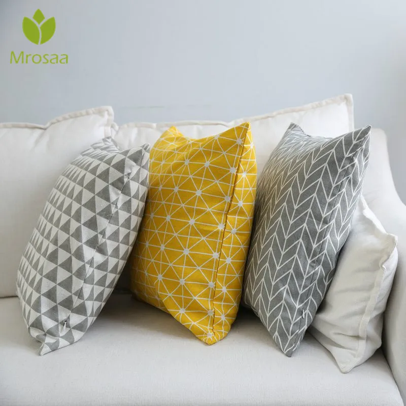 

Mrosaa Cotton Linen Decorative Throw Pillow Cover Home Decor Modern Plaid Geometry Printed Sofa Cushion Cover Yellow Grey
