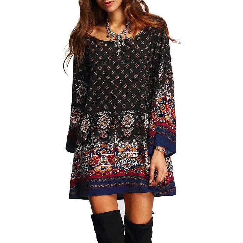 

Womens Summer Ethnic Style Hippie Long Sleeve Tunic Tops Mini Beach Dress Loose