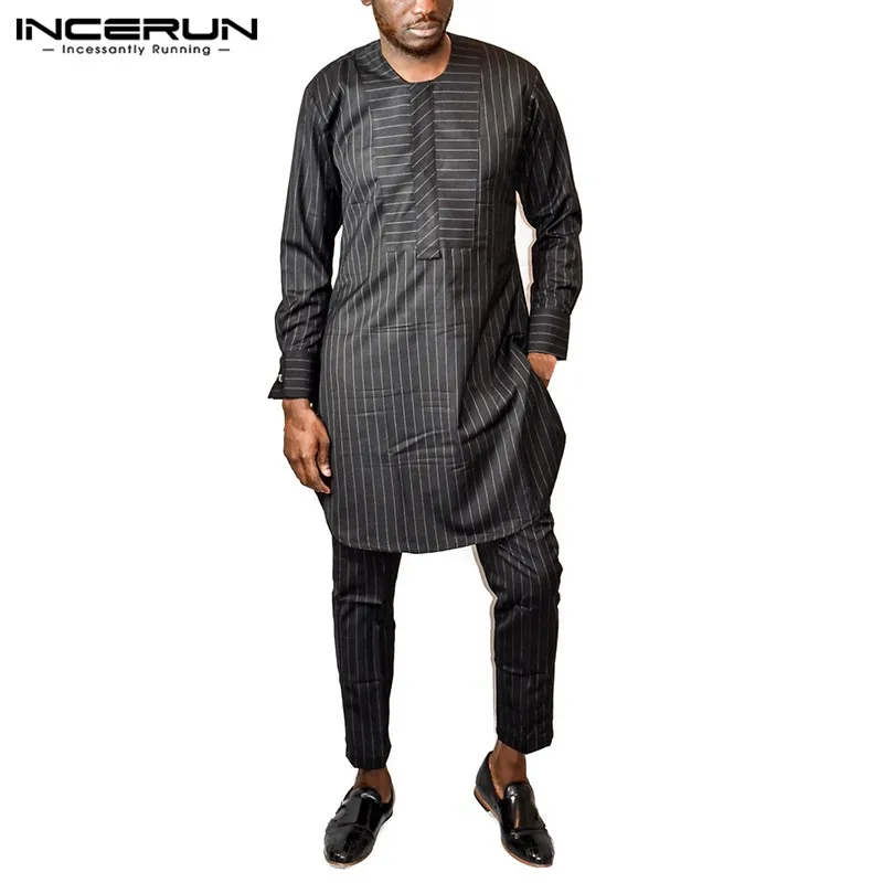 

African Dashiki Dress Robe Mens Shirts Long Sleeves Fashion Black Gown Striped T-shirt Kenya Nigeria Africa Clothing Kaftan Robe