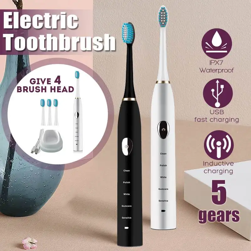 

Ultrasonic Electric Toothbrush Adult Timer Inductive Charging Usb Soft Brush Head With 4 Replacement Head 5 Vibration Mode