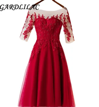 

Gardlilac Tulle short Bridesmaid Dress Red Half Sleeves Short wedding party Dress A-line Formal Party Dress