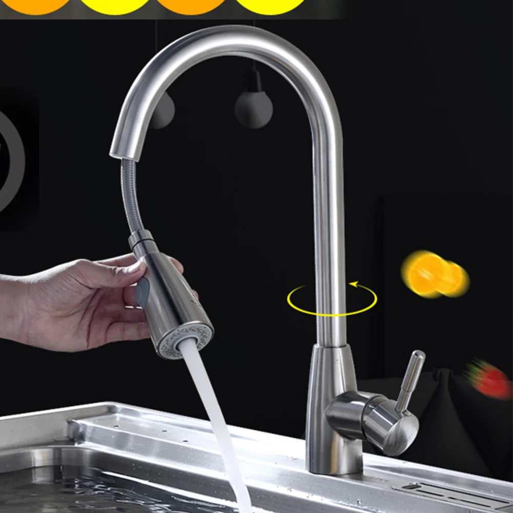 

Swivel Durable Kitchen Faucet Tap Single Hole Brushed Nickel Stream Rotation Mixer Sink Pull Out Handle Sprayer Spray