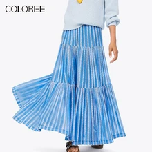 Весенняя подиумная дизайнерская Длинная женская юбка, элегантная плиссированная юбка макси в синюю полоску с высокой талией, faldas