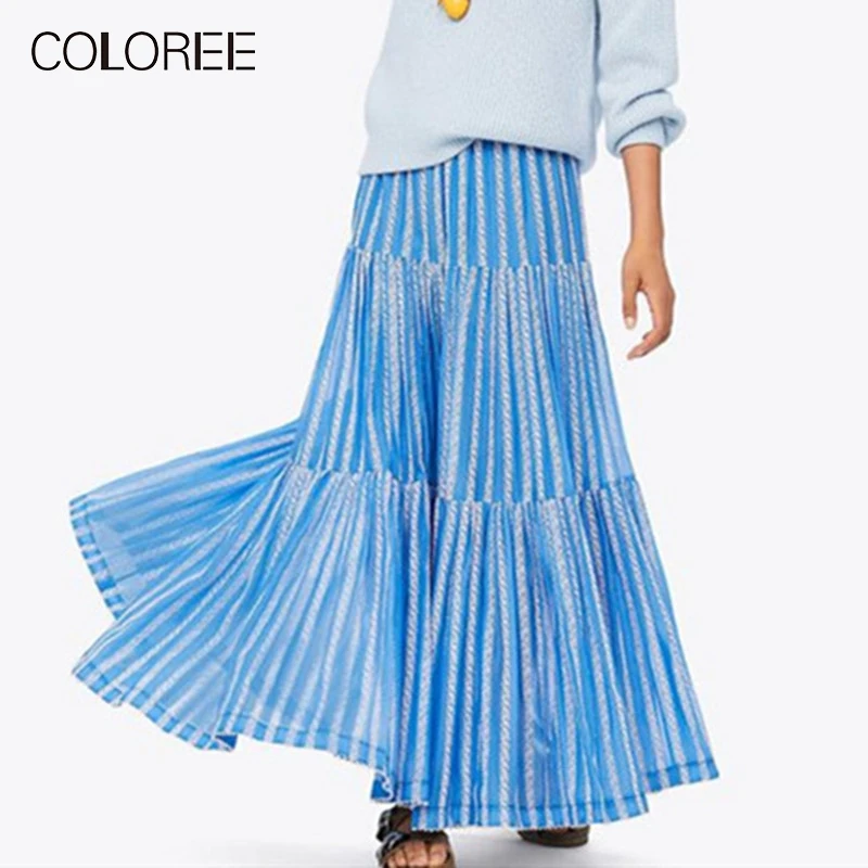 Spring Runway Designer Long Skirts Womens 2019 Elegant Ruffles Blue