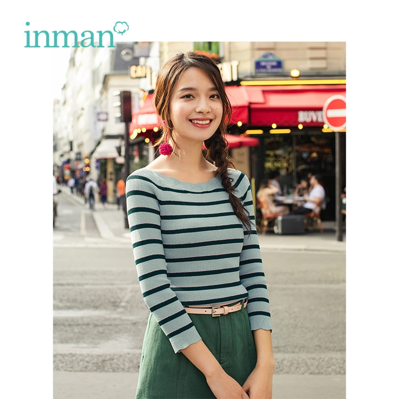 

INMAN 2019 Spring New Arrival Boat Neck Retro Literary Striped Casual Korean Fashion Women Pullover