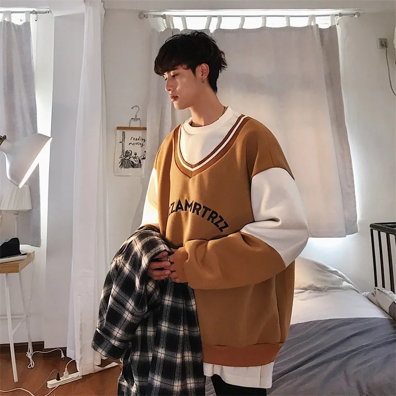 

Men's Hoodie 2019 Spring New Korean Splicing Loose Student Set Round Collar Simple Casual Long Sleeve Trend Men's Wear
