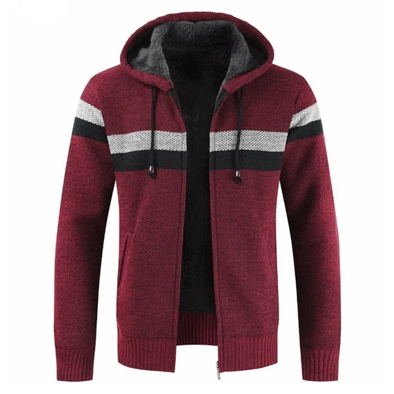 

2018 Sweater Men Winter Zipper Cardigan Hooded Patchwork Color Slim Coat Velvet Thickening Male Clothing Casual On Sale