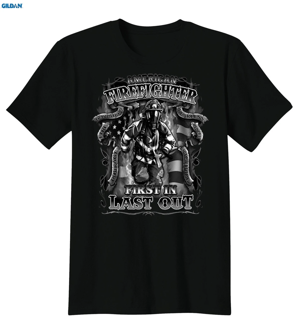

GILDAN American Firefighter USA First In Last Out Patriotic T-Shirt Tee O-Neck Fashion Casual High Quality Print T Shirt