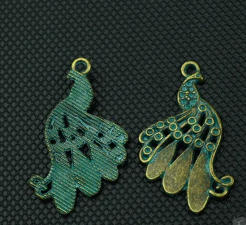 

40pcs Exquisite peacock charms Copper green BRONZE pendants 34*18mm bag accessories craft Jewelry earring bracelet necklace