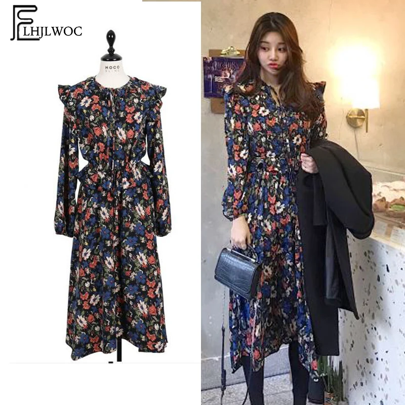 Vestido de diseño de primavera 2019 vestido de mujer Vintage ropa coreano Floral con bonito de camisa de pajarita largo|Vestidos| - AliExpress