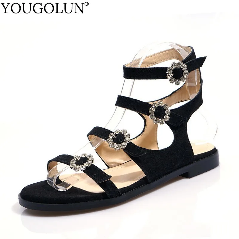 

Cow Suede Flat Gladiator Sandals Women Summer A197 Ladies Ankle Strap Roman Sandal Fashion Woman Crystal Black Open Toe Shoes