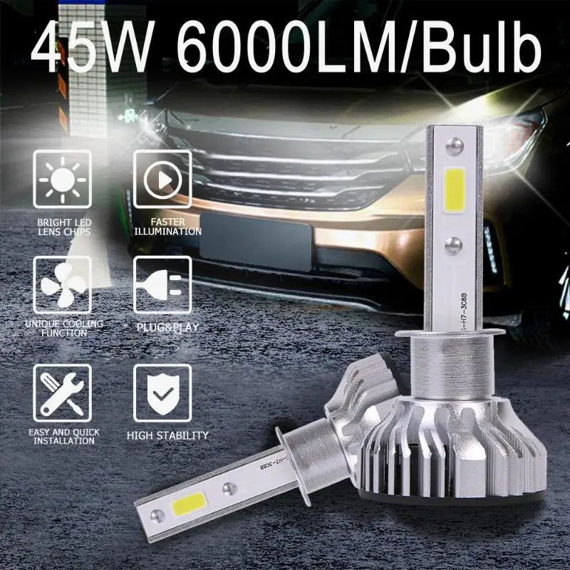 VODOOL 1 пара H1 H4 H7 9006 мини COB светодиодный лампы для автомобильных фар 45 Вт 6000LM