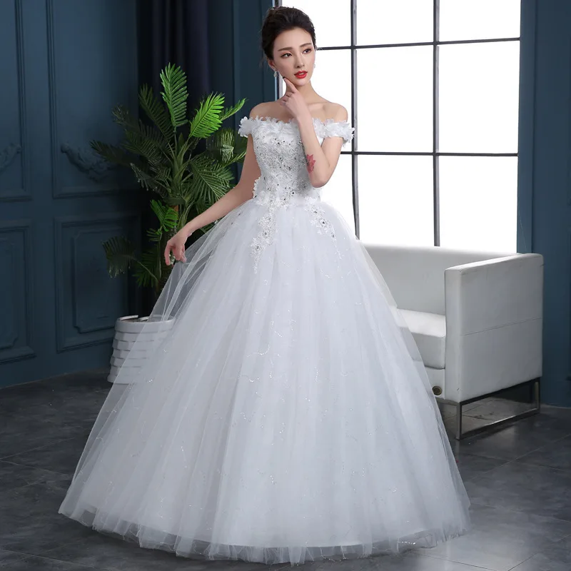 

Robes De Mariee Flower Appliques Sequined Wedding Dresses Boat Neck Off The Shoulder Ball Gown Tulle Beaded Bride Gowns 2019