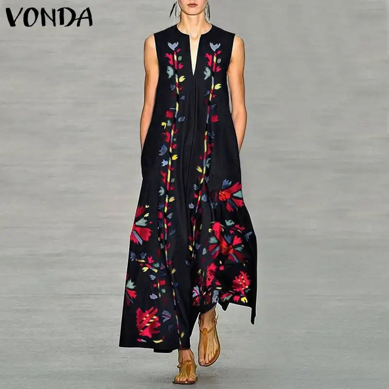 

VONDA Summer Maxi Dress Women Floral Printed Dresses 2019 Sexy Sleeveless Vintage Dresses Female Casual Loose Vestidos Plus Size