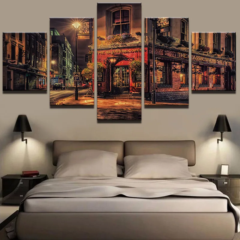

5 Panel Canvas Printed Vintage Shop Night Streetscape Home Decor For Living Room Wall Art Canvas Painting Picture Modern Artwork