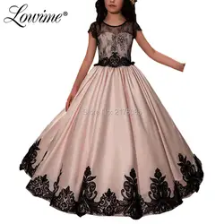 Черного шнура Аппликация девушки Pageant дети вечернее платье 2019 розовый цветок девушки платья Vestido Daminha дешевые платья для первого причастия