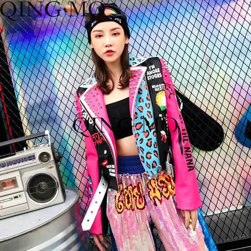

QING MO Pink Women Leopard Jacket 2019 Spring Autumn Rivet Letter Motorcycle leather Jacket Women Pu Leather Jacket Coat DQ0068A