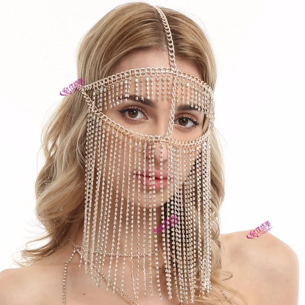 

Rhinestone Body Chain Face Veil Mask Gold Tassel Head Chain