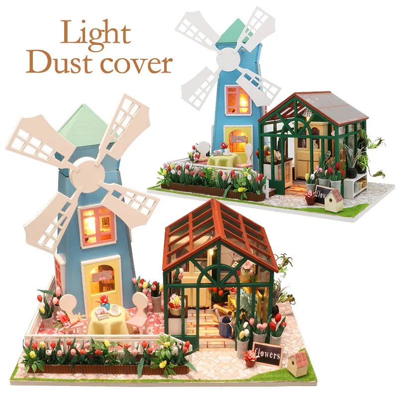 

DIY Miniature Doll House Wooden Amsterdam Windmill Flower House with Light Dust Cover Furniture Kit Toy Children Christmas Gift