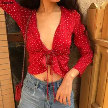 Summer Sexy Red Wrap Star Blouse for women Polka Dot Star Print V Neck shirt Chic Long sleeve Blusas Short Tops kimono 2018 chic round neck raglan sleeve feather print blouse for women
