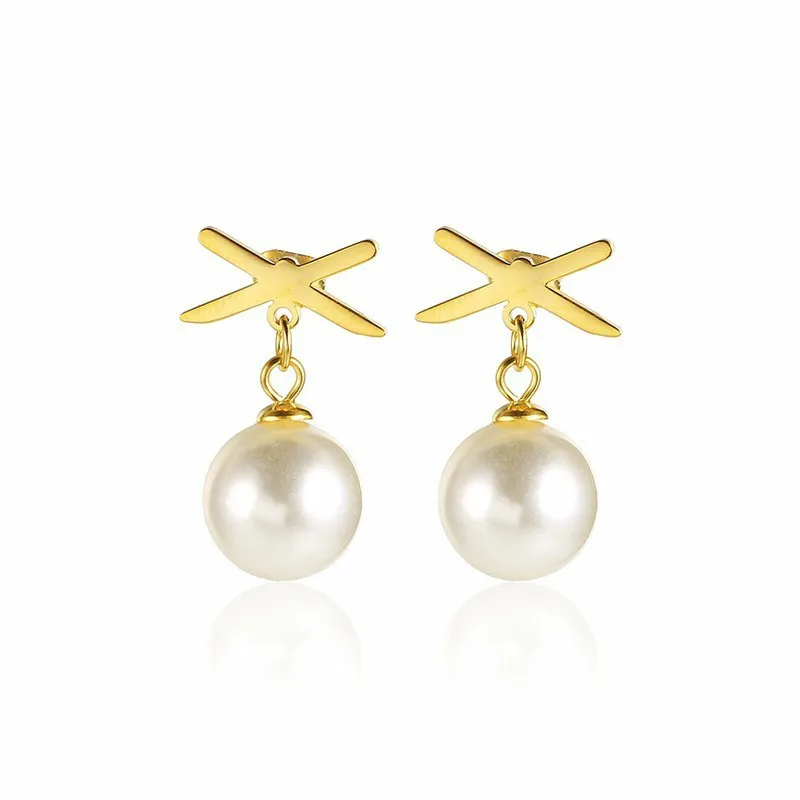

Stainless Steel Gold Fork Shape Round Pearl Drop Earrings Minimalist Temperament Ladies Earrings Give Her Jewellery Gifts Noble