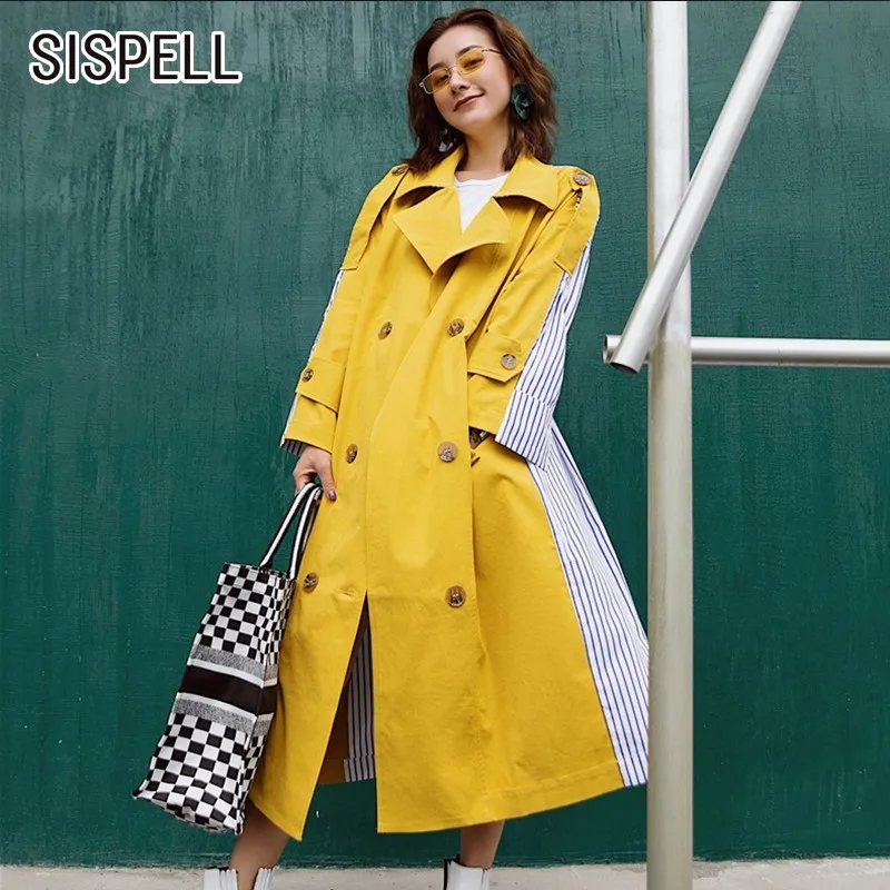 

SISPELL Patchwork Striped Women's Windbreaker Coats Lapel Long Sleeve High Waist Bandage Trench Coat Korean Fashion Clothes Tide