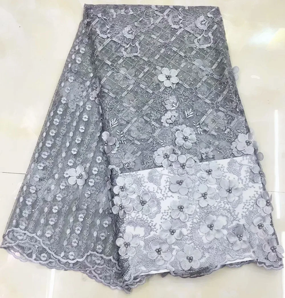 

Fashionable designs grey 3D flower lace embroidered fabric 2019 high quality African beaded stones applique french tulle lace