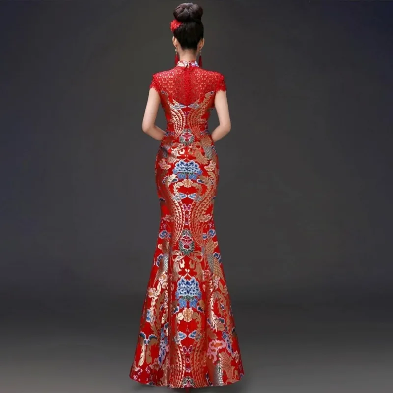 Китайские вечерние платья Cheongsam красные полые спинки атласные дракон феникс Ципао вечернее летнее рыбий хвост длинное свадебное платье