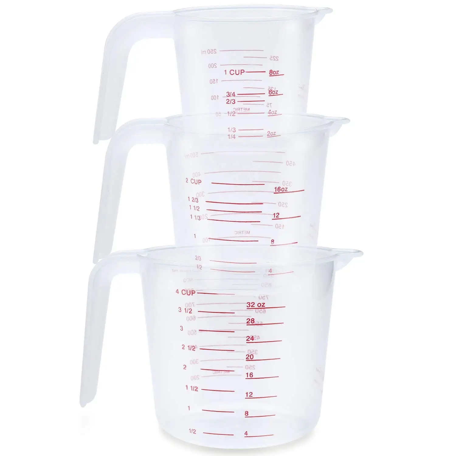 

3pc Plastic Measuring Jug Set Large 4 Cup, 2 Cup and 1 Cup Capacity BPA Free Measuring Beakers with Angled Grip Essential