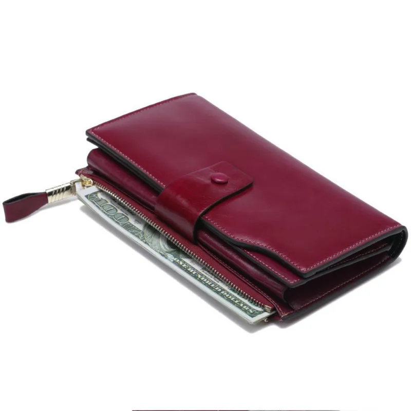 Online Cartera de mujer de cuero genuino de moda de bolsillo para teléfono móvil de mujer carteras largas de cuero de cera de aceite de cerrojo de mujer monedero de La Moneda titular de la tarjeta