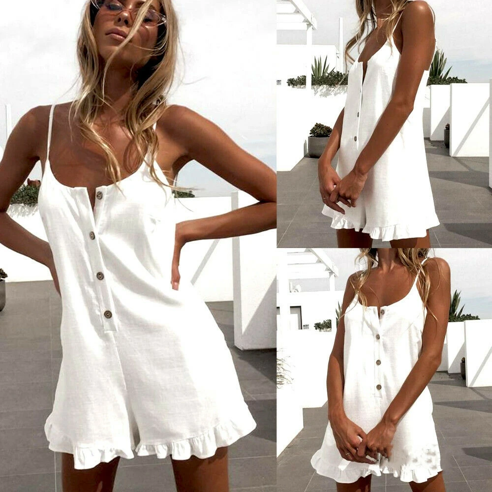 

Summer Women Clubwear Button Up Sleeveless Playsuit Bodycon Party Jumpsuit Romper Ruffle Spaghetti Strap Ladies Short Trousers