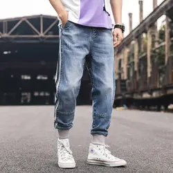 Японские уличные мужские джинсы с боковой полосой хип хоп джинсы трико для мужчин джинсы для мужчин шаровары синие джинсы из денима