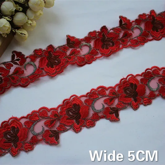 

5CM Wide Red Mesh Fabric Flowers Embroidered Lace Edge Trim Ribbon Applique Guipure DIY Curtains Dress Clothing Sewing Decor