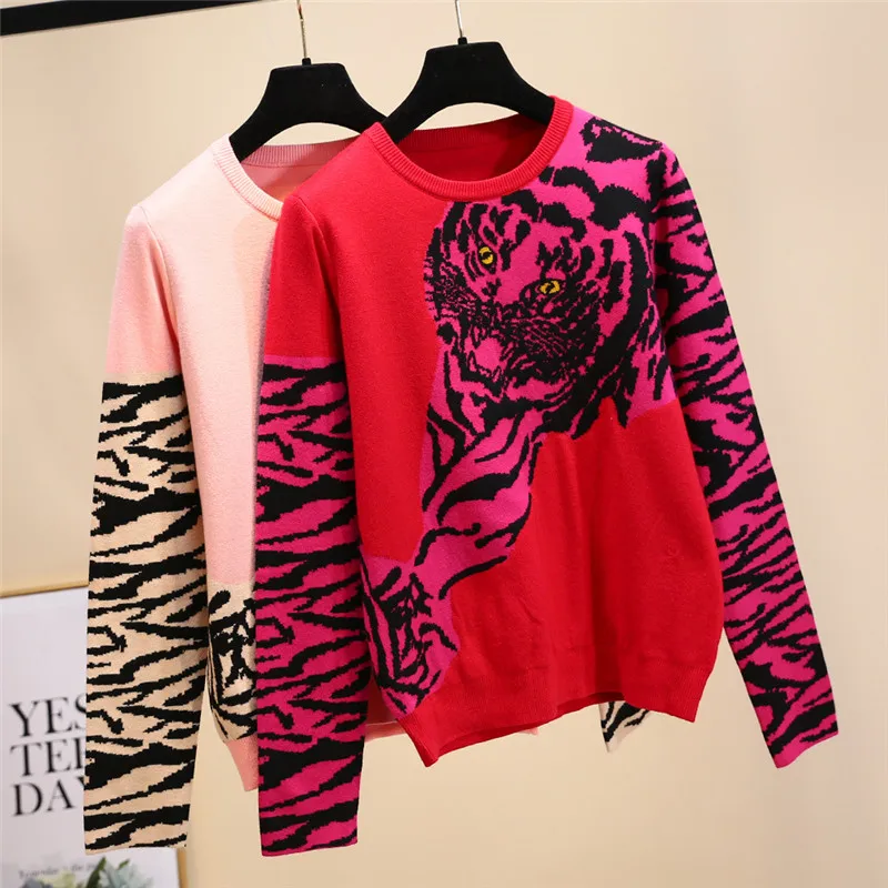 2019 Spring Vintage Women Tiger Print Knitted Sweaters Pullovers Runway Long Sleeve Female Streetwear Sweater Jumper Clothing | Женская